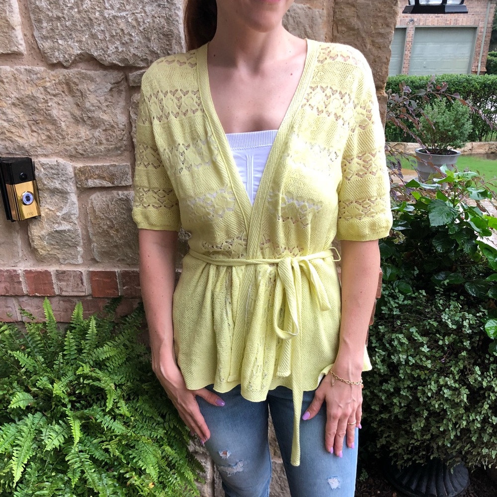 Anthropologie Soft Yellow Belted Sweater Cardigan